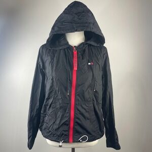 Tommy Hilfiger Sport Womens Black Red Full Zip Hooded Windbreaker Jacket S